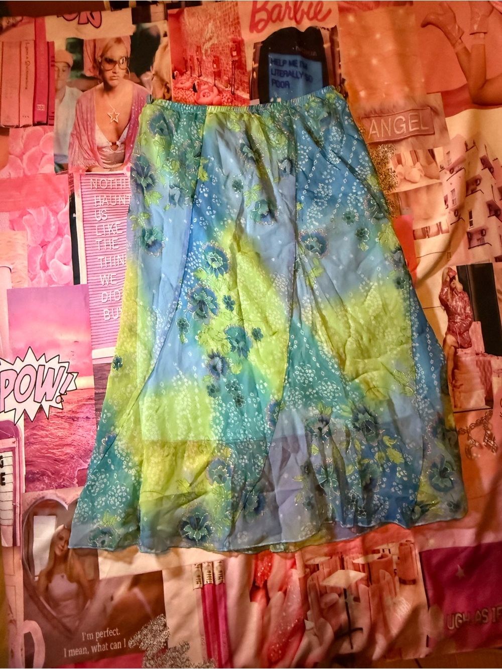 Y2k Floral A-Line Skirt in Blue and Green Pattern